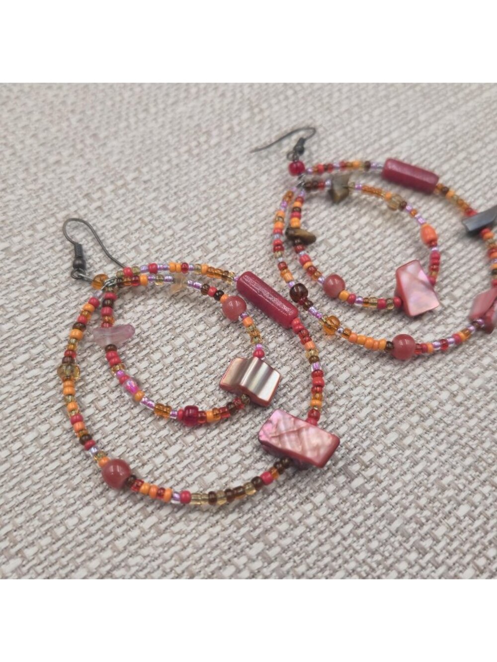 Handmade Red and Orange Beaded Hoop Dangle Earrings B1220 - Picture 2 of 5